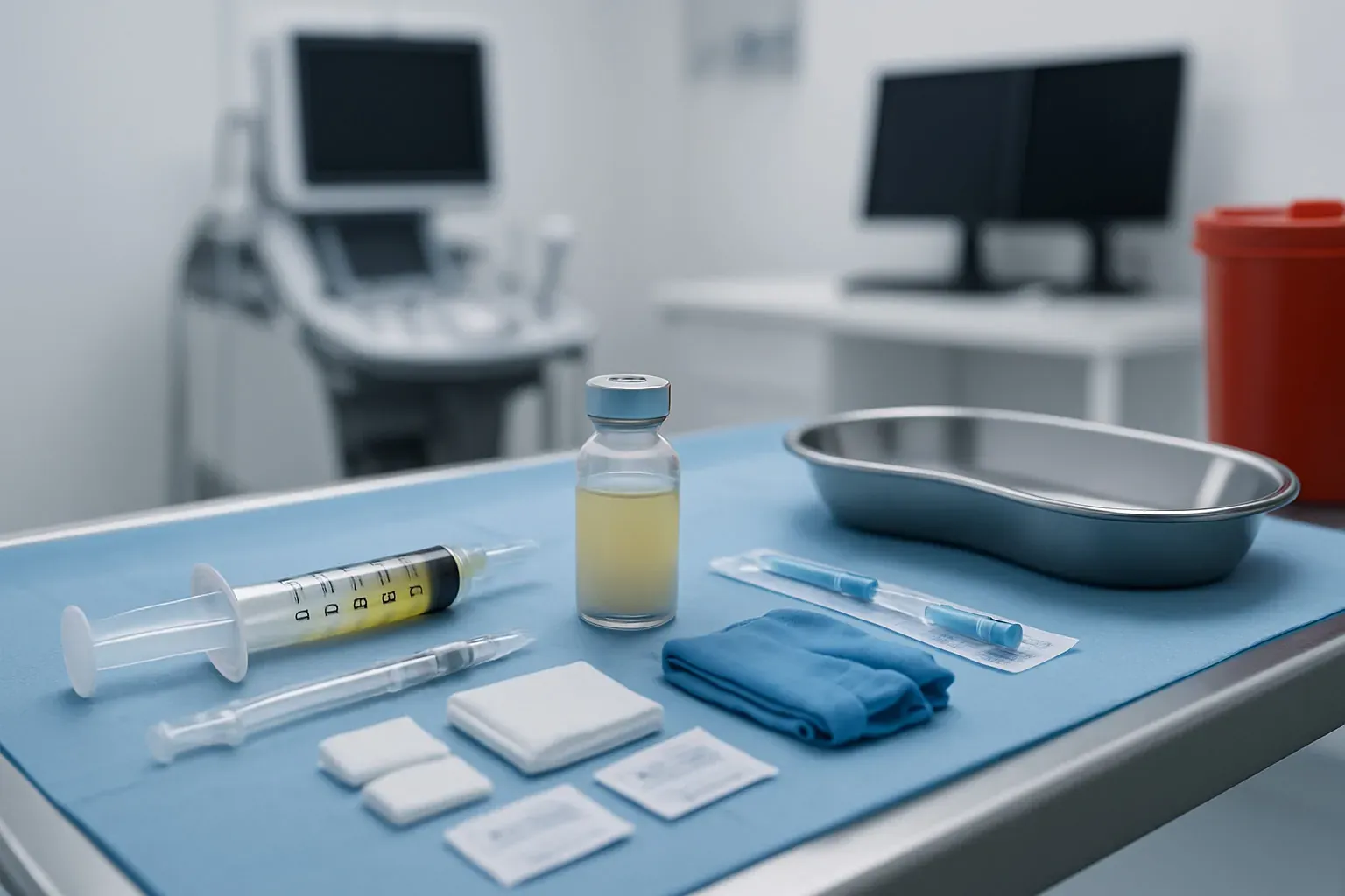 Instrumental médico preparado para la aplicación intraarticular de células madre en la rodilla